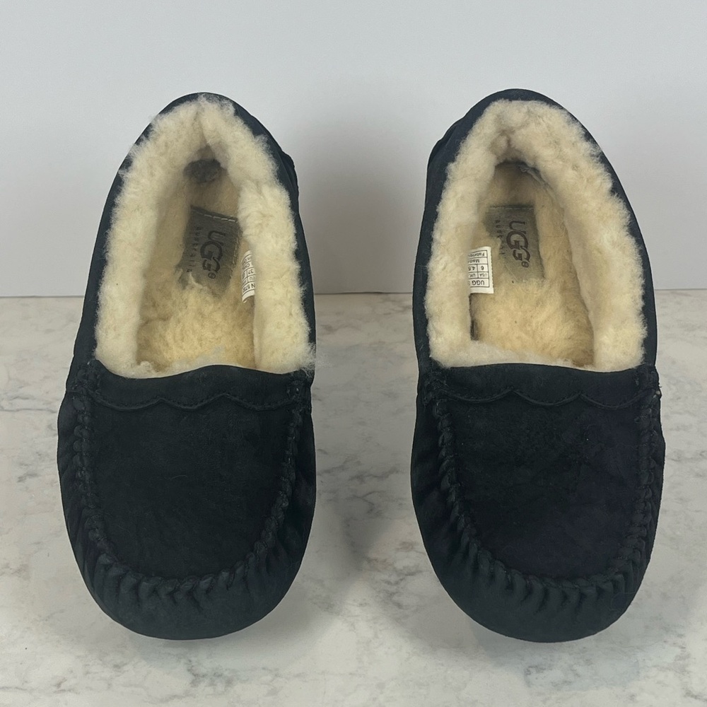 UGG Black Suede Shearling Moccasin Slippers